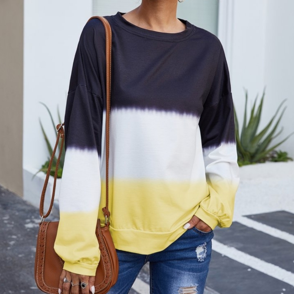 Navy Blue White Yellow Longsleeve Crewneck Top